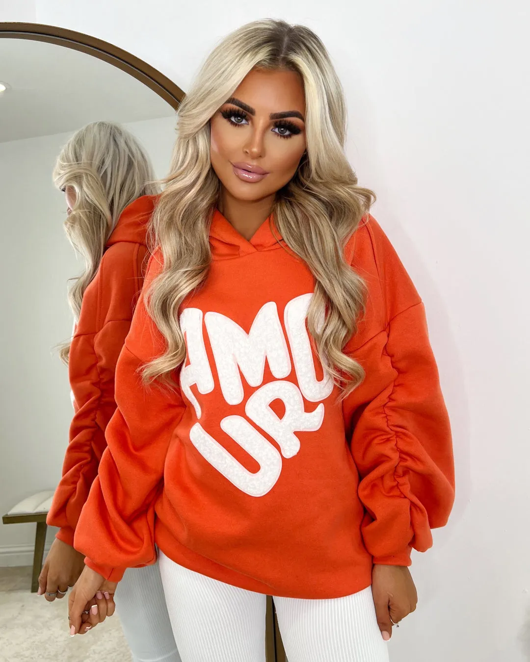 Orange Amour Ruched Sleeve Hoodie