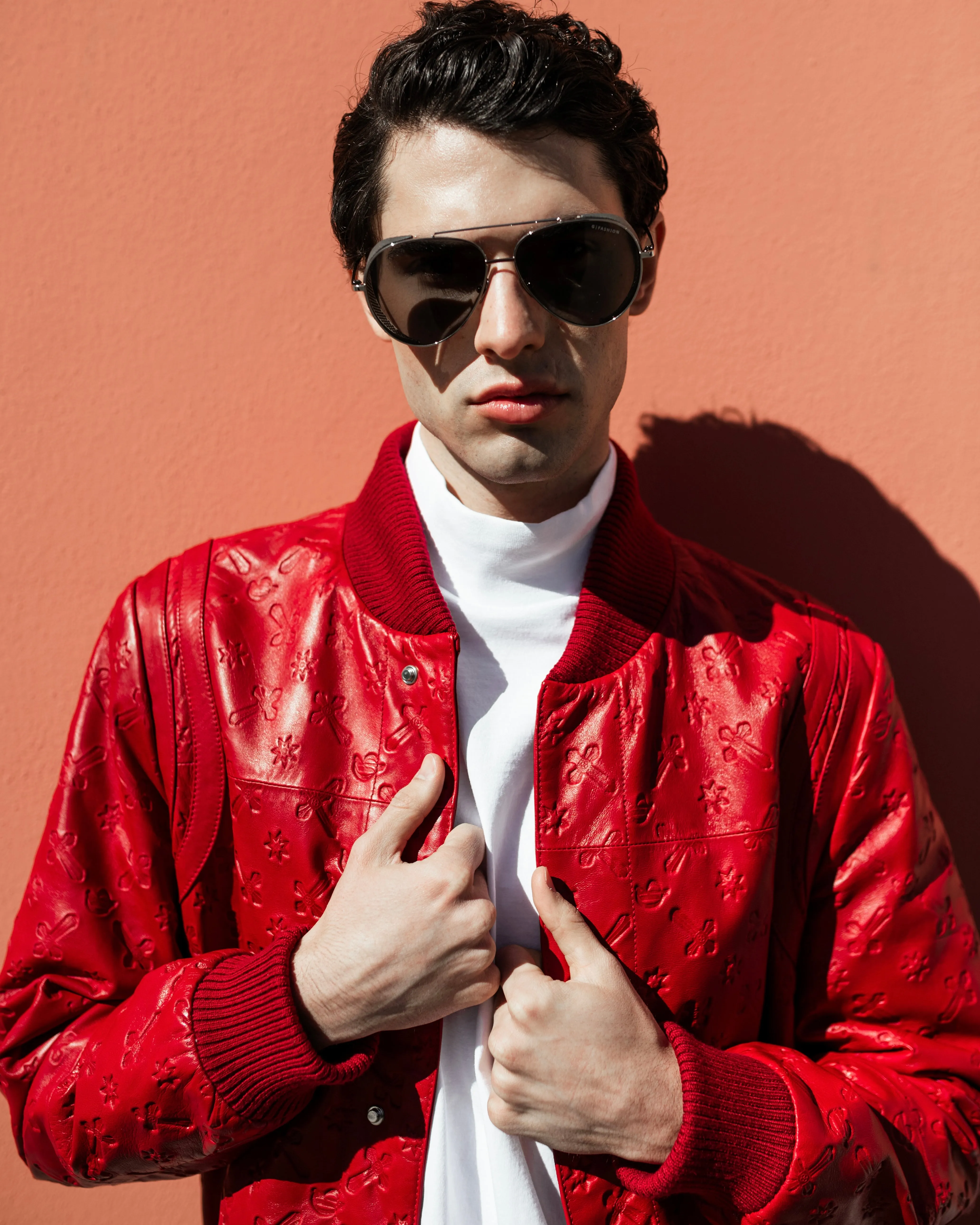 RED LEATHER PADDED BOMBER