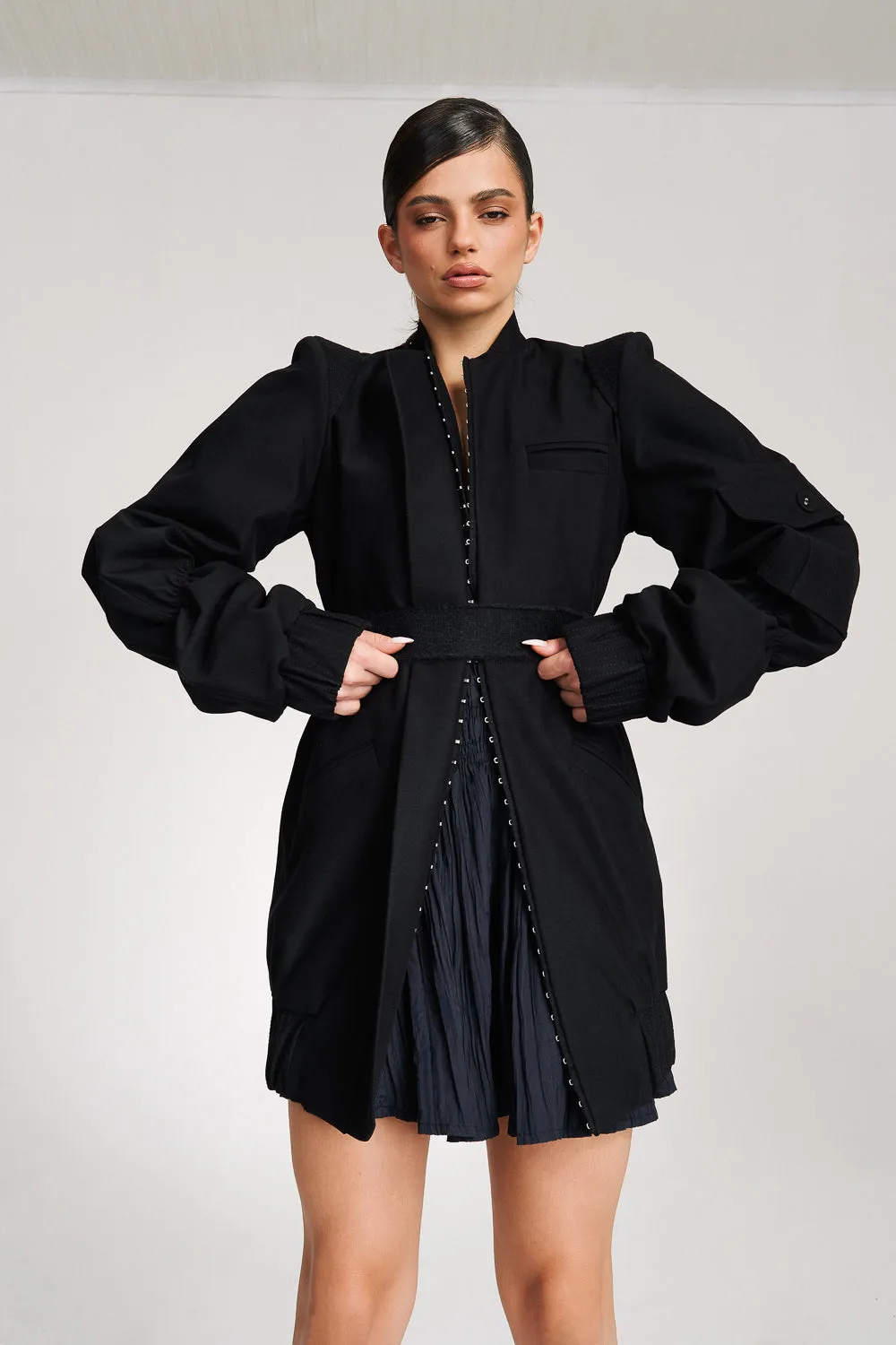 'Reese' Longline Ruched Cotton Bomber Jacket-Dress