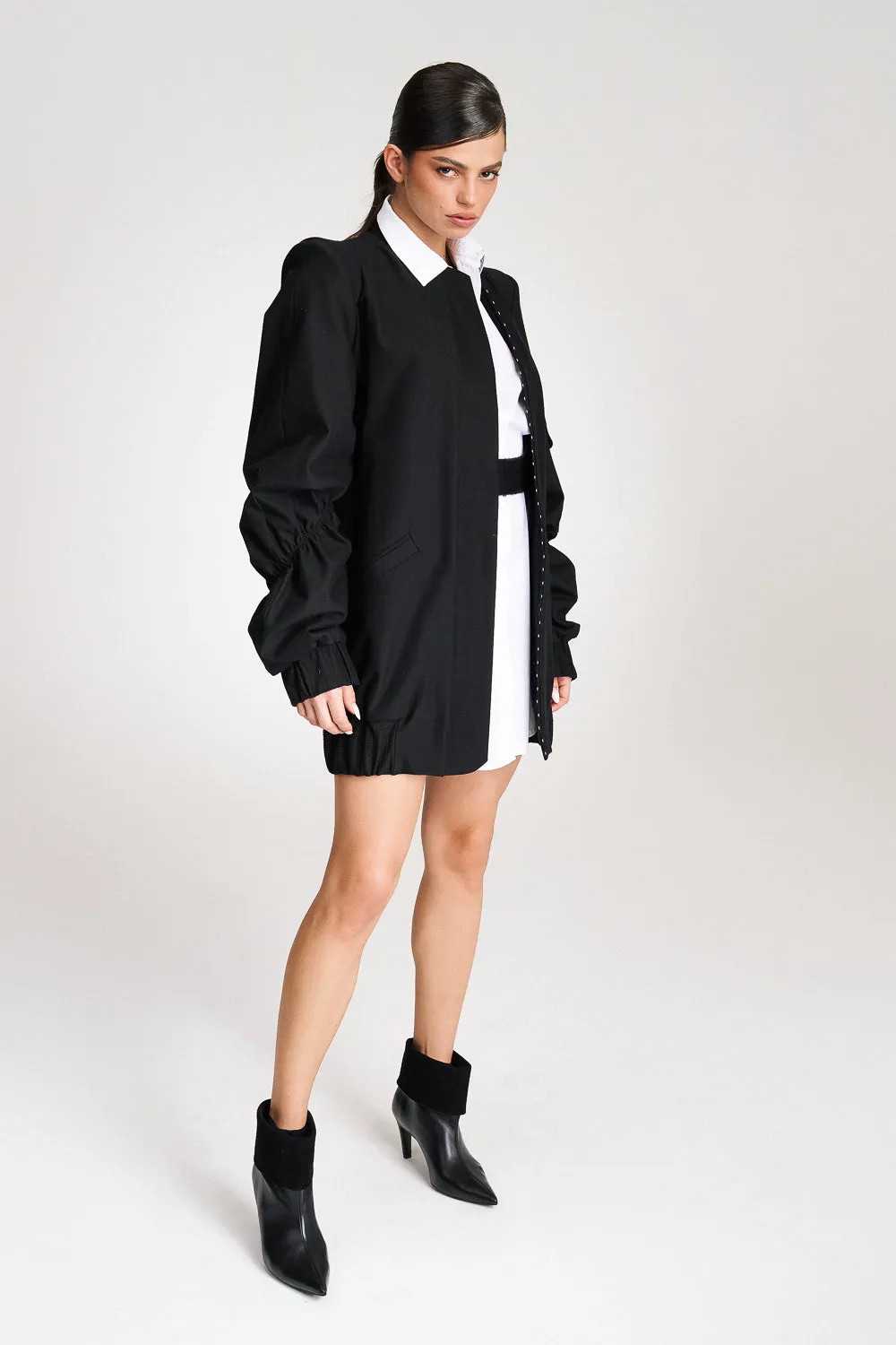 'Reese' Longline Ruched Cotton Bomber Jacket-Dress