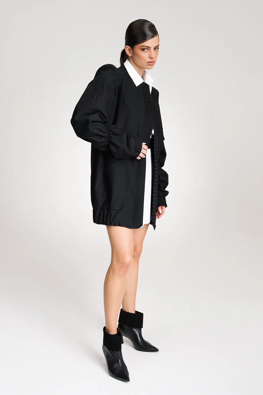 'Reese' Longline Ruched Cotton Bomber Jacket-Dress