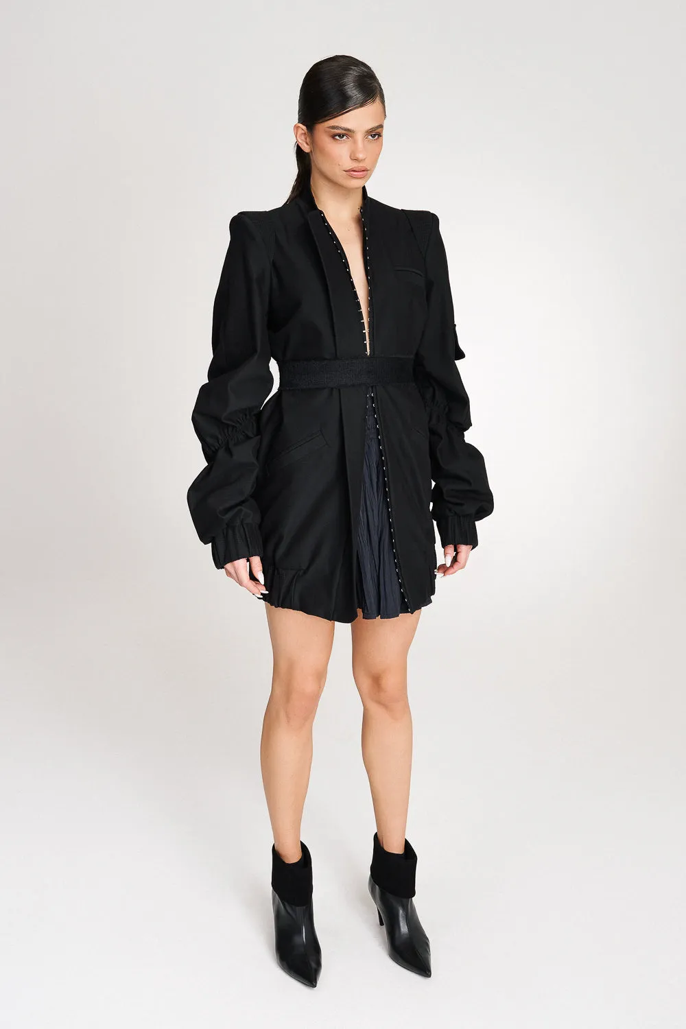 'Reese' Longline Ruched Cotton Bomber Jacket-Dress