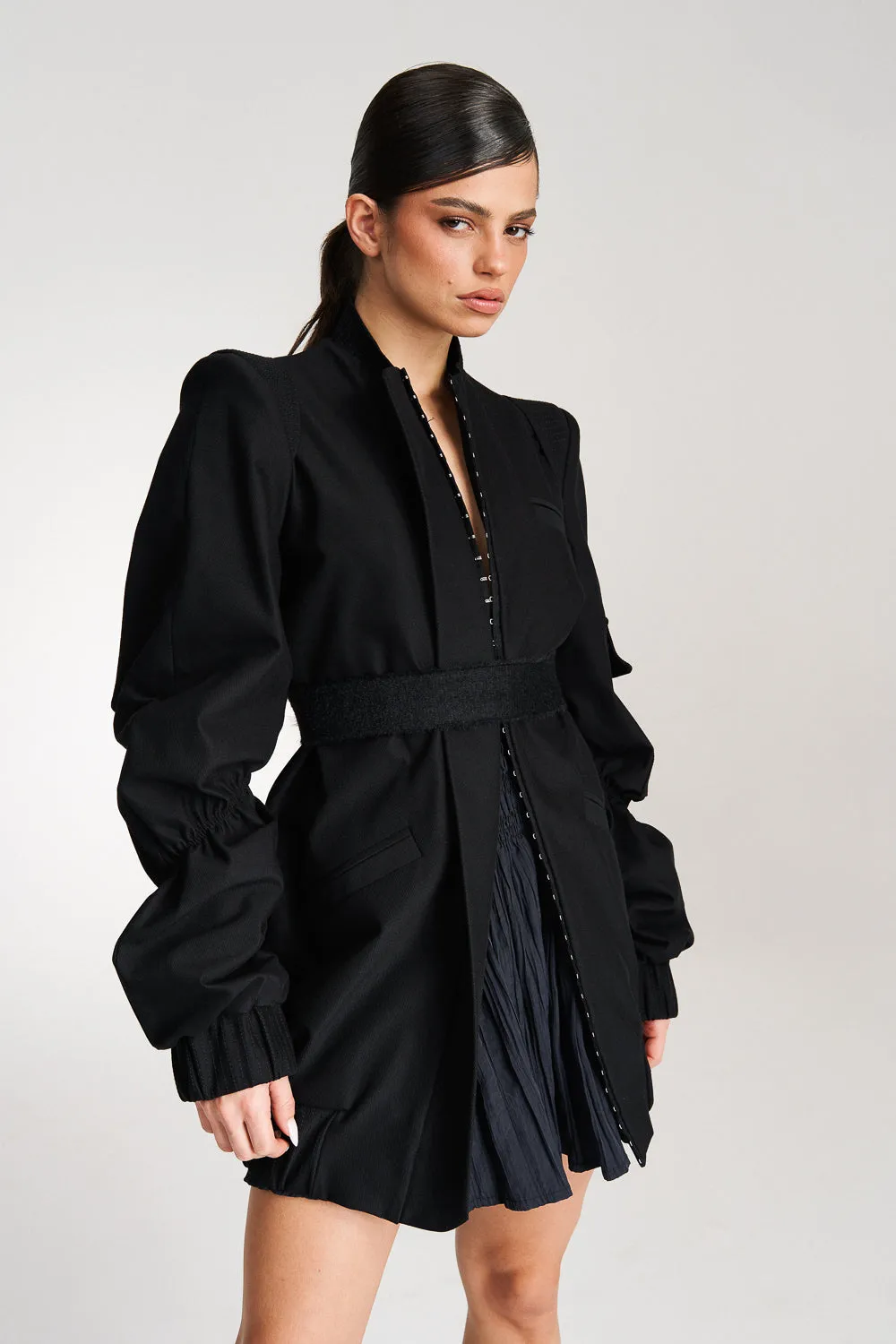 'Reese' Longline Ruched Cotton Bomber Jacket-Dress