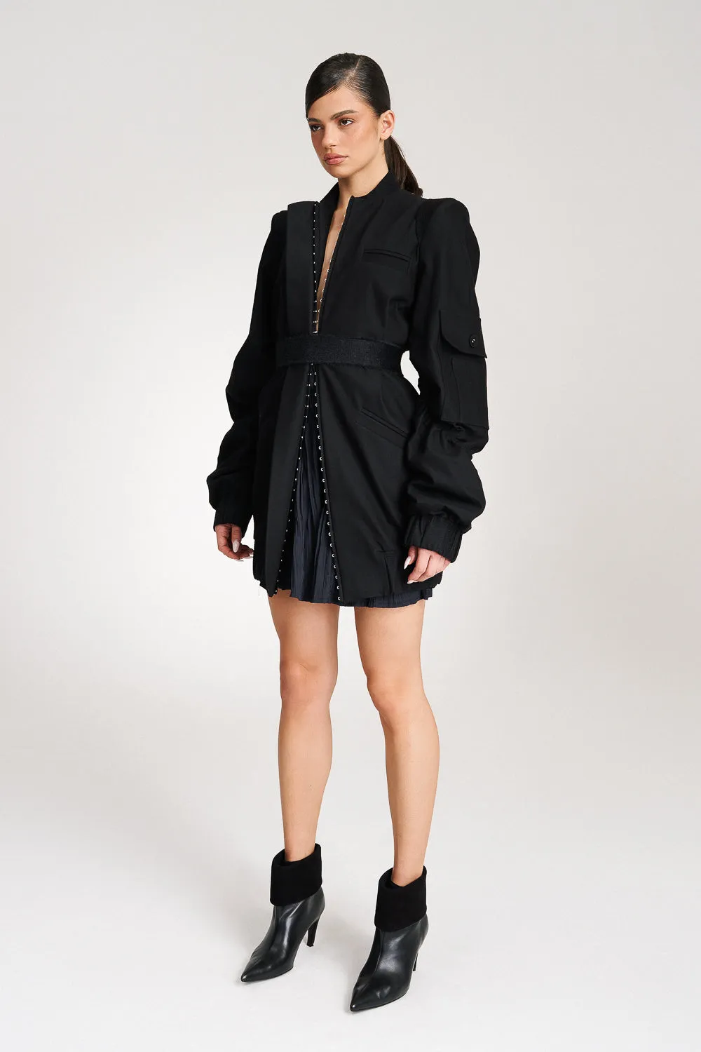 'Reese' Longline Ruched Cotton Bomber Jacket-Dress