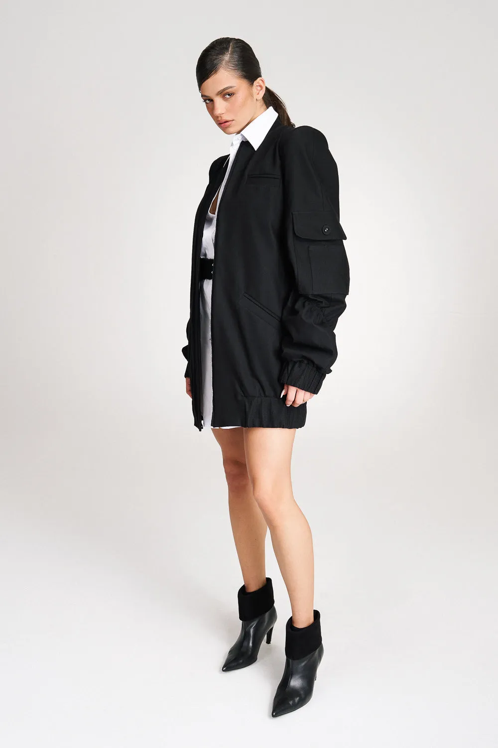 'Reese' Longline Ruched Cotton Bomber Jacket-Dress