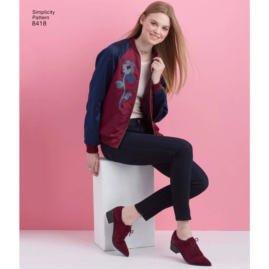 Simplicity Pattern 8418 Women's Lined Bomber Jacket with Fabric & Trim Variations