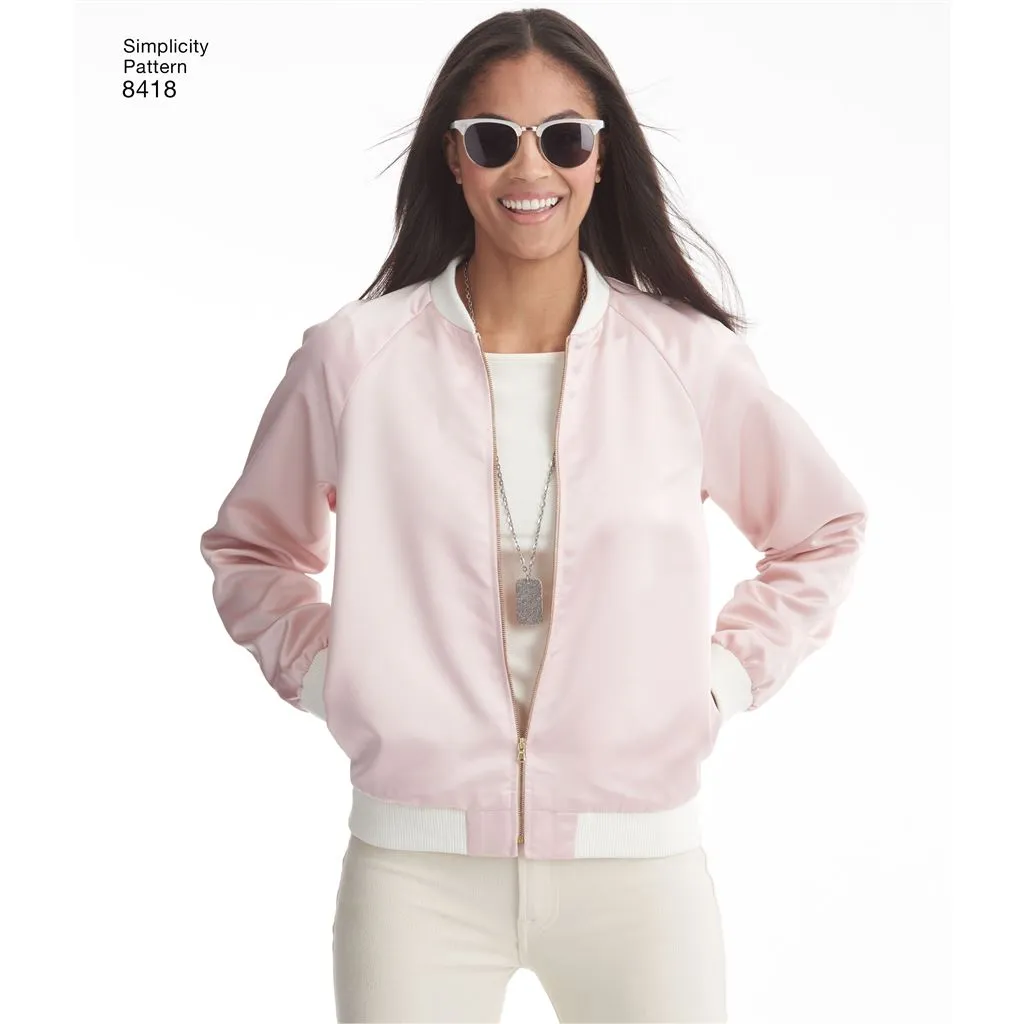 Simplicity Pattern 8418 Women's Lined Bomber Jacket with Fabric & Trim Variations