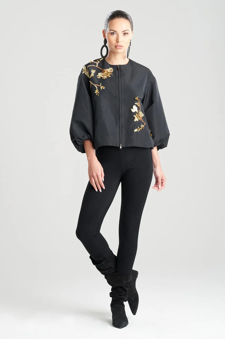 Taffeta Balloon Sleeve Beaded Bomber Jacket