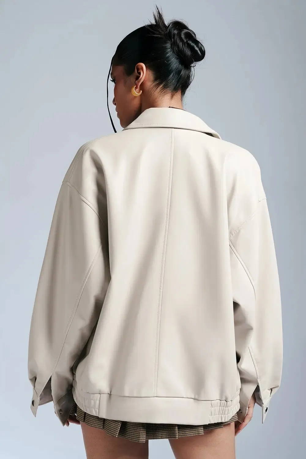 Tranquil White Leather Bomber Jacket