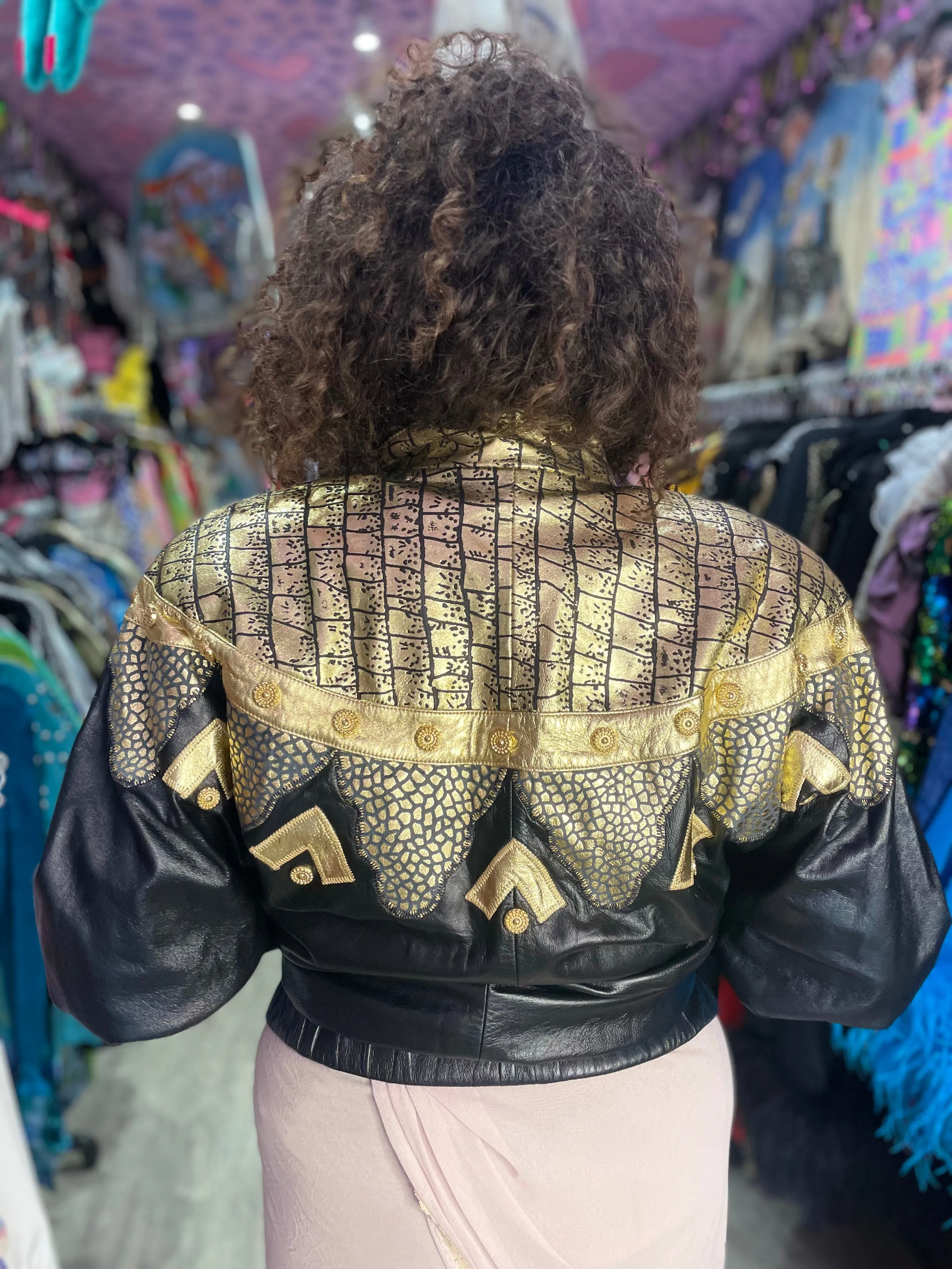 Vintage 80s Gold Leather Medallion Bomber Jacket