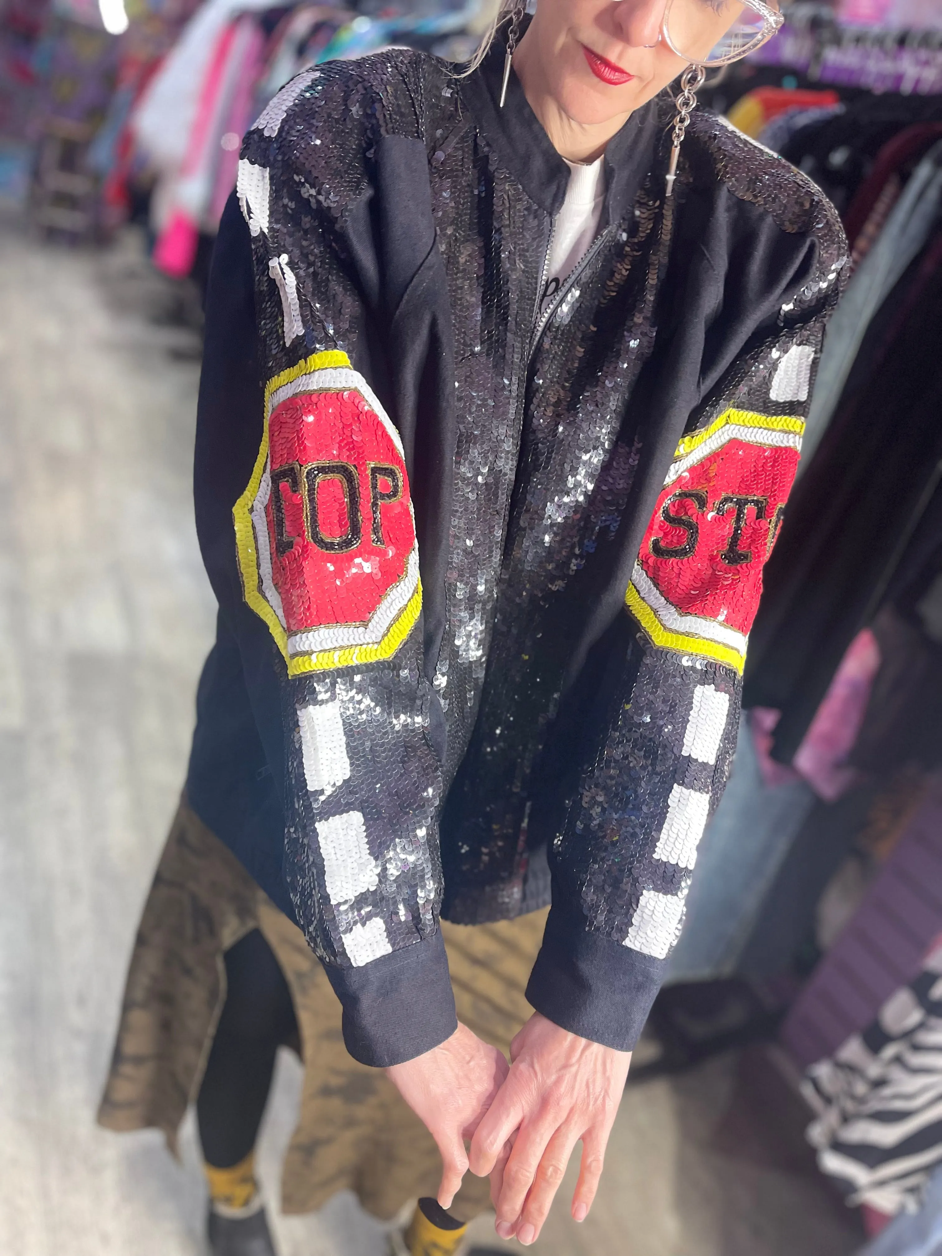 Vintage 90s Sequin Stop Sign Bomber Jacket