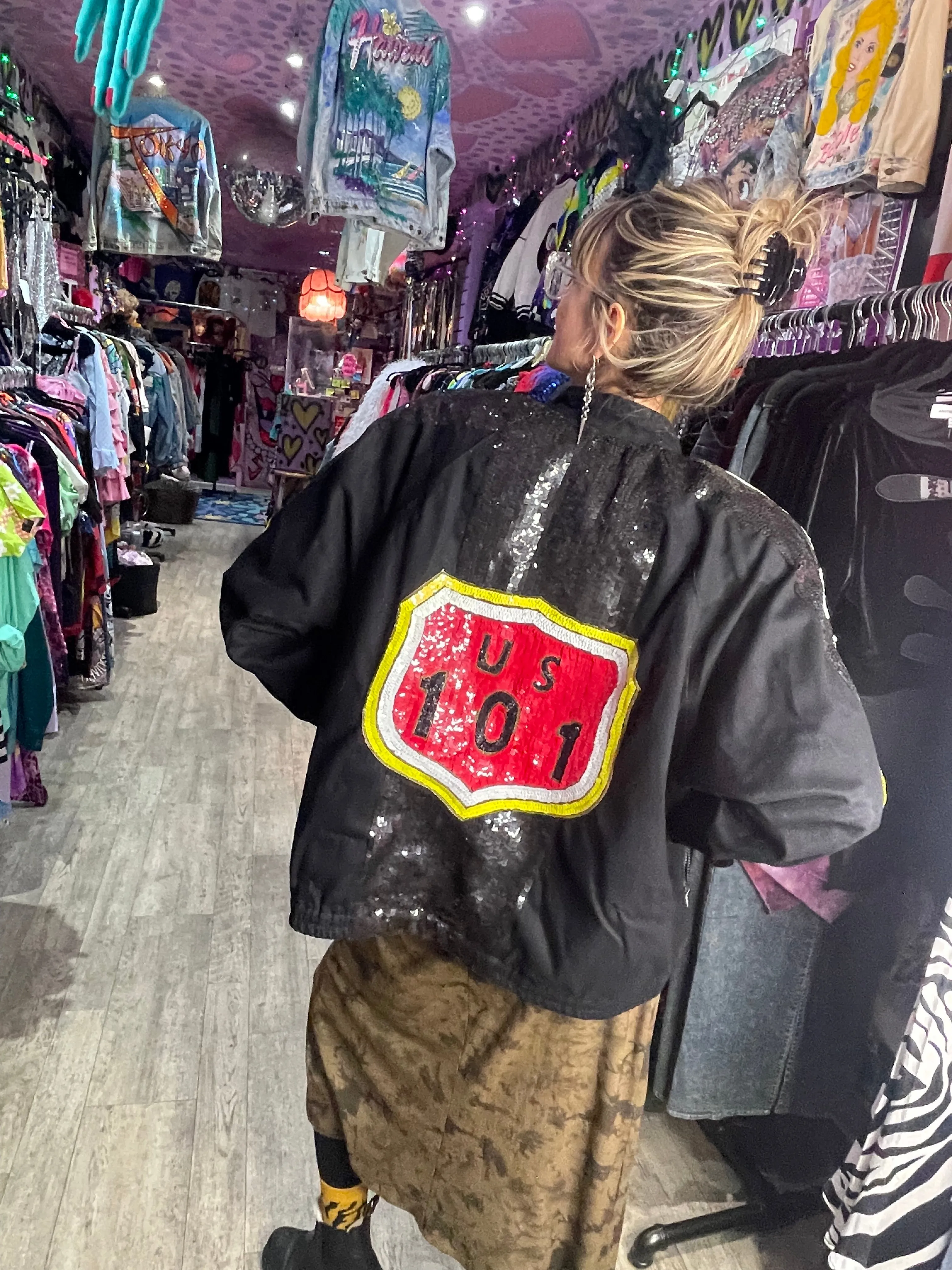 Vintage 90s Sequin Stop Sign Bomber Jacket