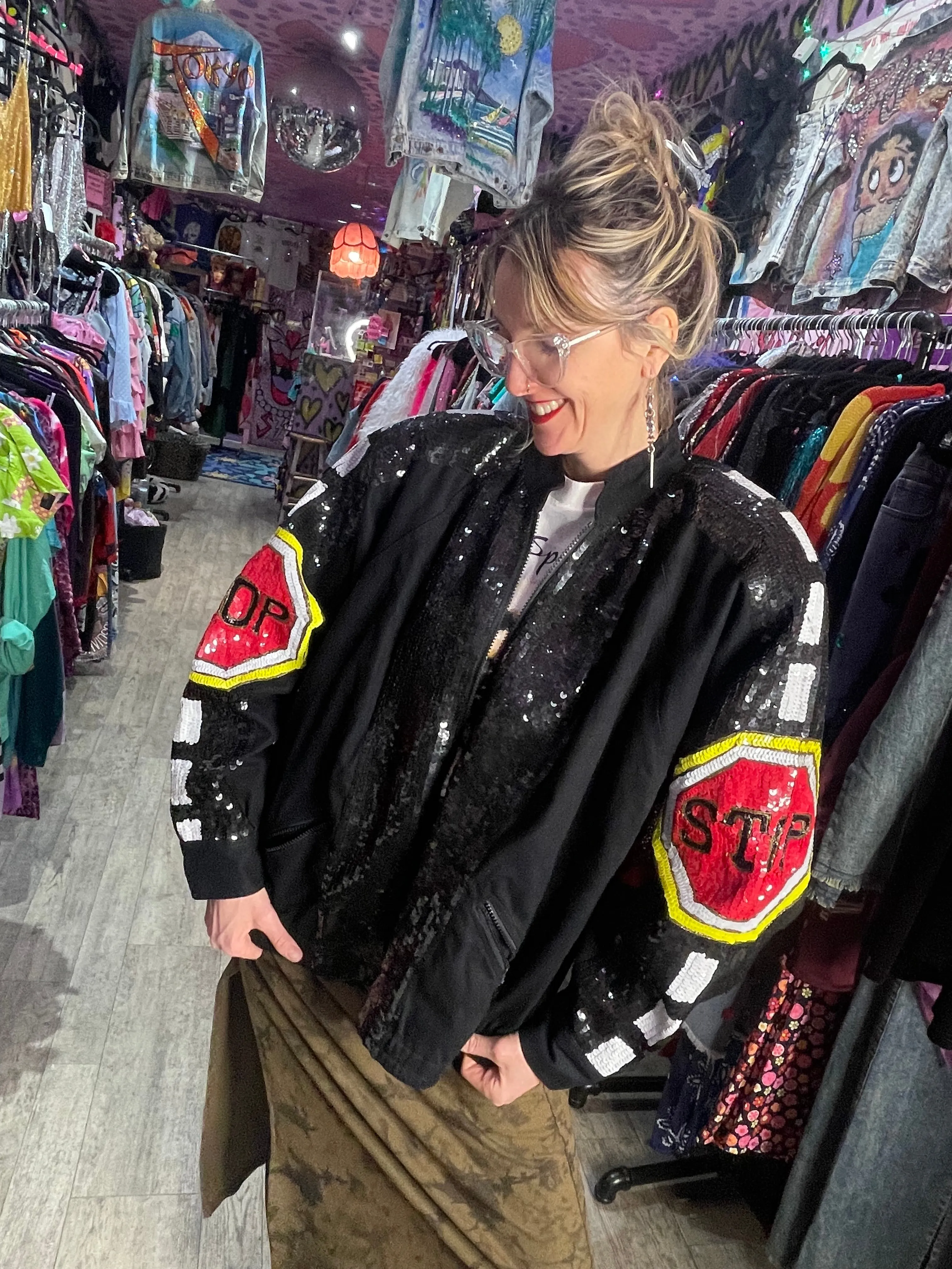 Vintage 90s Sequin Stop Sign Bomber Jacket