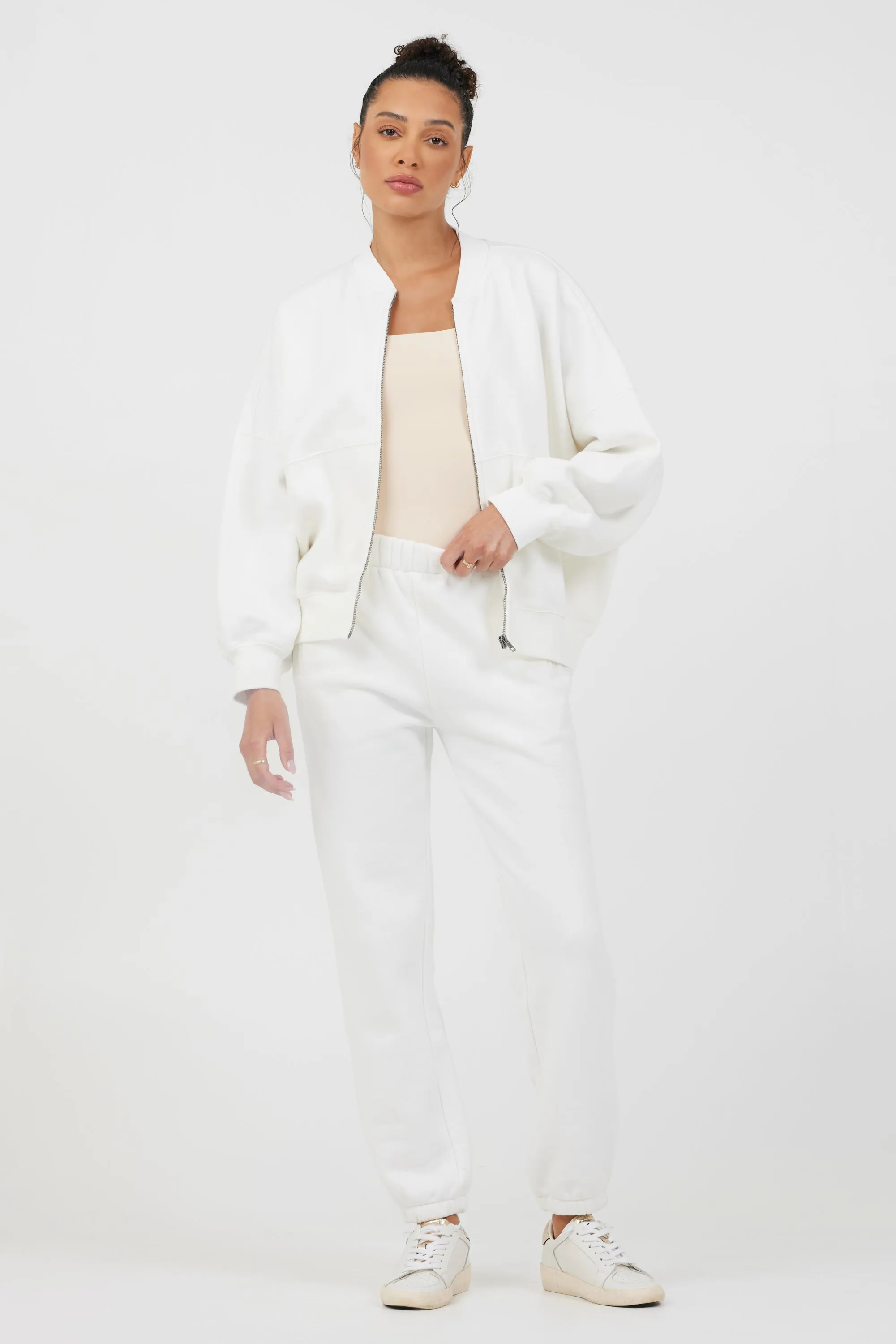 White Essential Fleece Zip Up Bomber