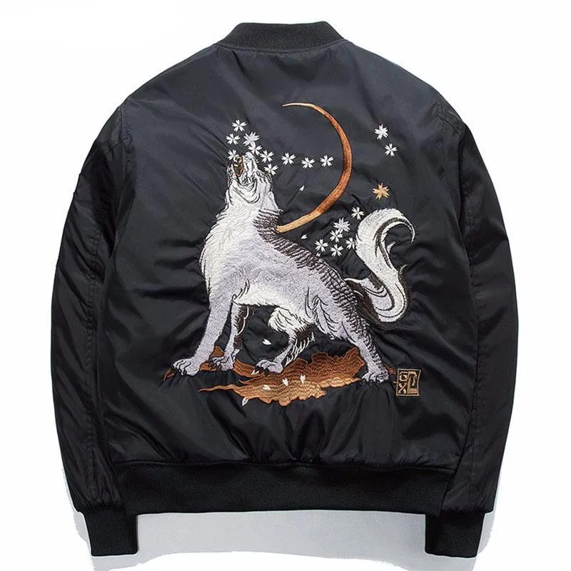 Wolf Embroidery Thick Men Bomber Jacket