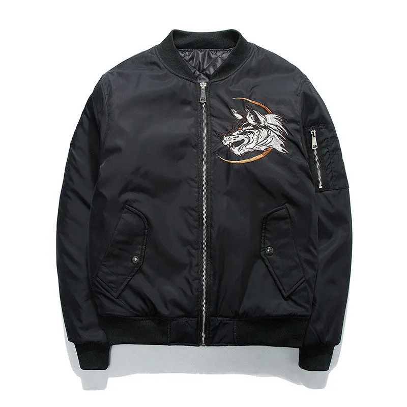 Wolf Embroidery Thick Men Bomber Jacket