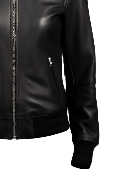 Women Bomber Leather Jacket- Black Leather Jacket for Women-Leatheroxide