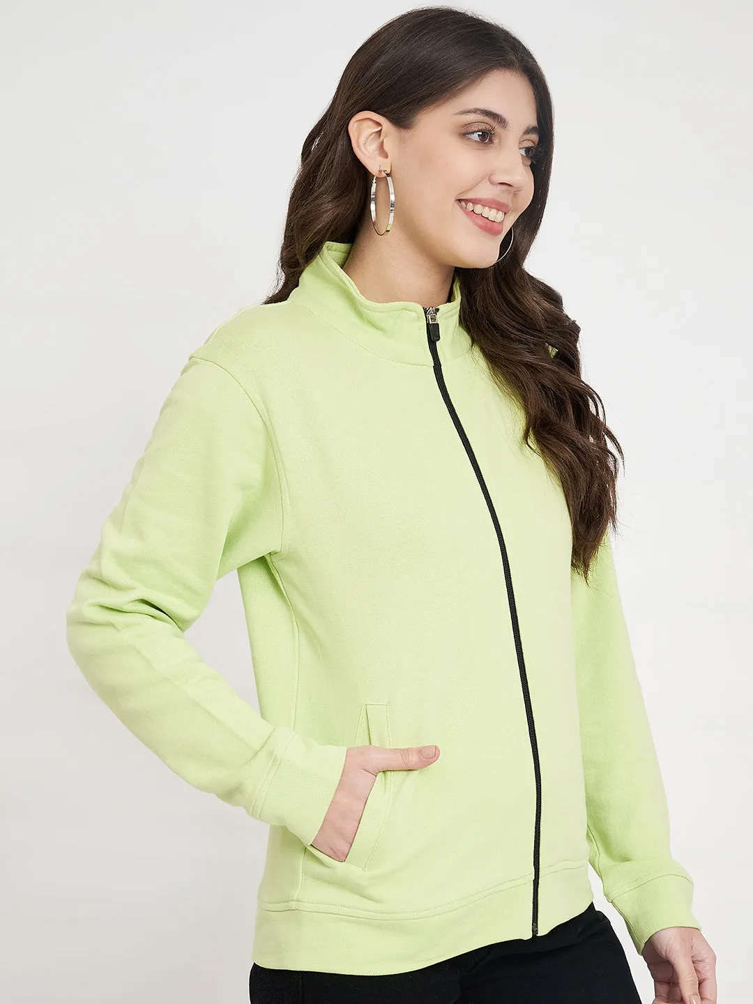 Women Mock Collar Green Bomber Jacket