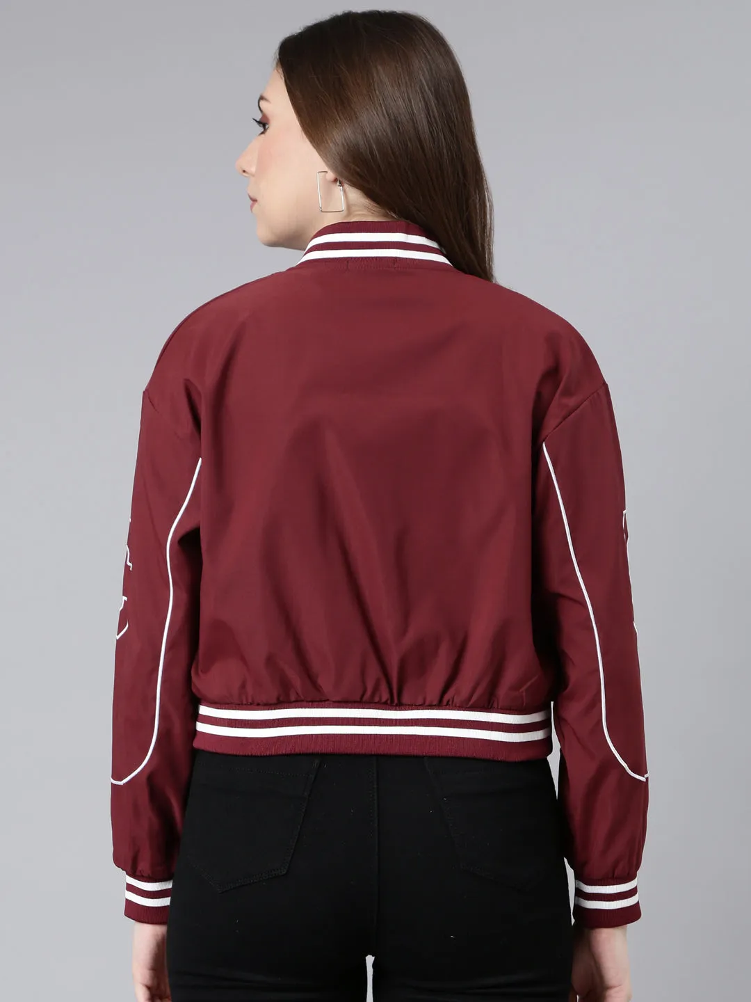 Women Solid Maroon Crop Drop Shoulder Bomber Jacket