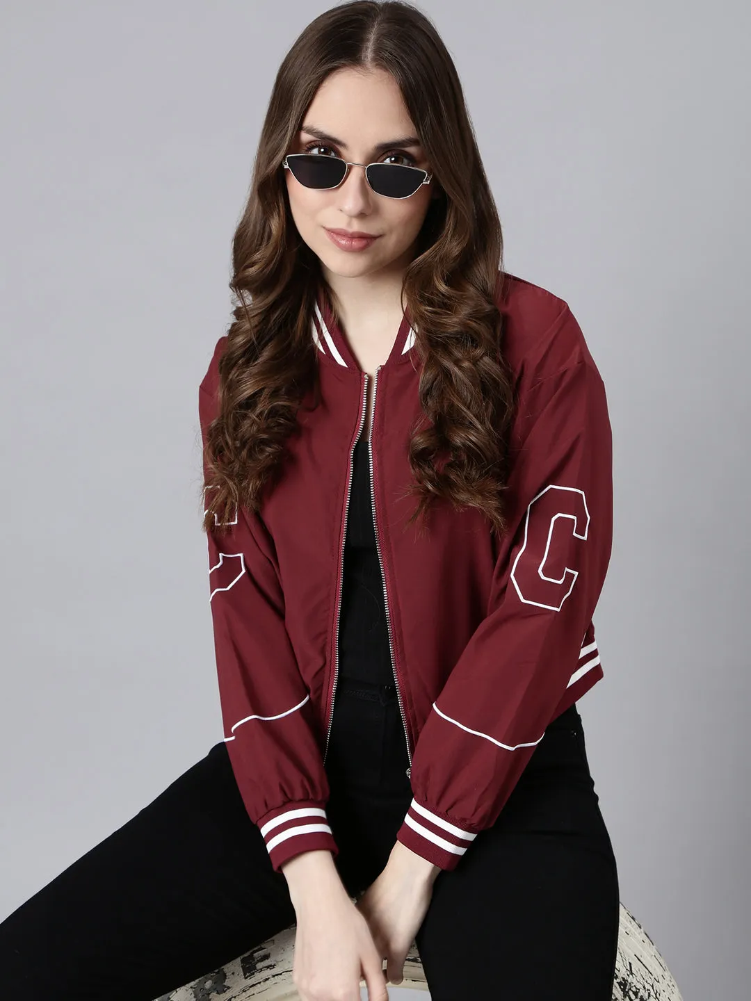 Women Solid Maroon Crop Drop Shoulder Bomber Jacket