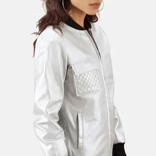 Womens Lana Silver Leather Bomber Jacket