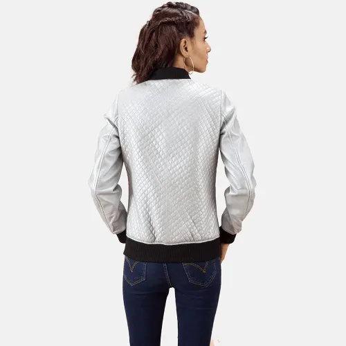 Womens Lana Silver Leather Bomber Jacket