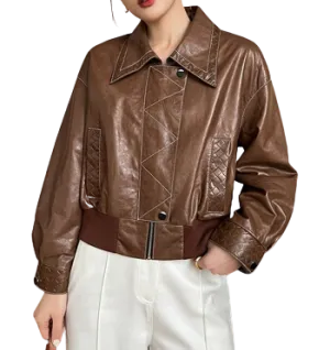 Womens Raelynn Genuine Lambskin Leather Bomber Jacket