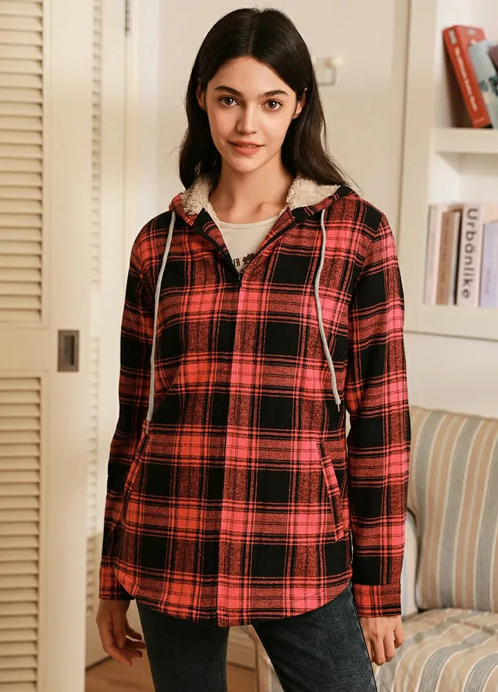 Women's Sherpa-Lined Flannel Jacket Full Zip Up Hooded Plaid Shirt