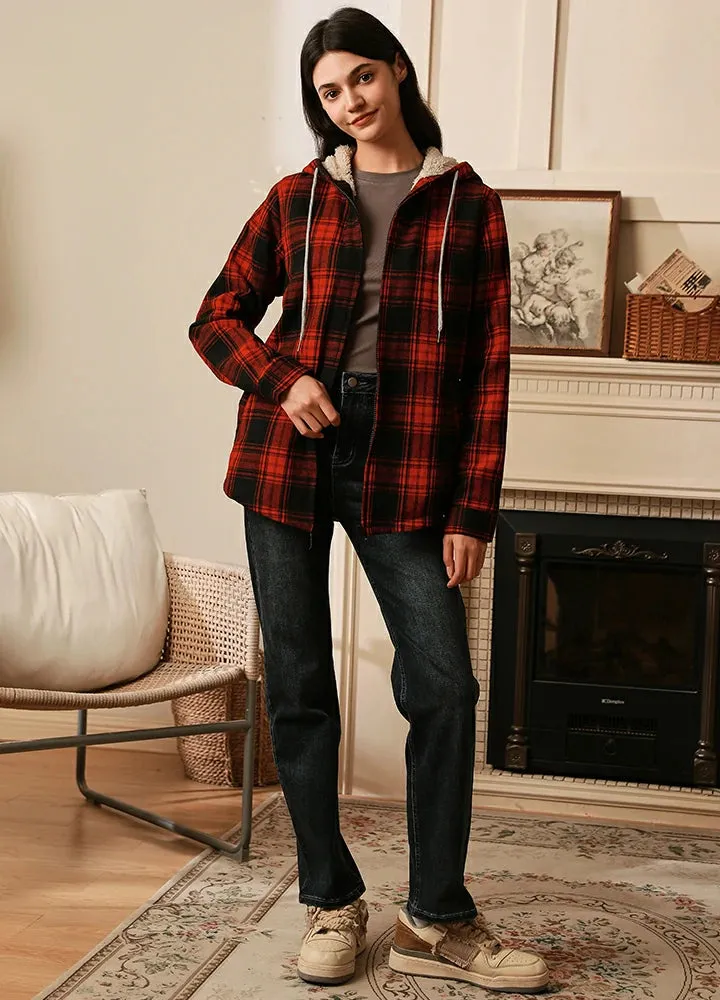 Women's Sherpa-Lined Flannel Jacket Full Zip Up Hooded Plaid Shirt