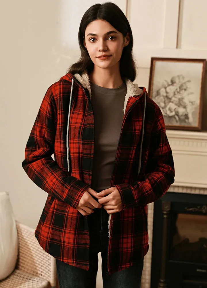 Women's Sherpa-Lined Flannel Jacket Full Zip Up Hooded Plaid Shirt