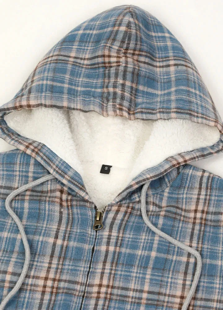 Women's Sherpa-Lined Flannel Jacket Full Zip Up Hooded Plaid Shirt