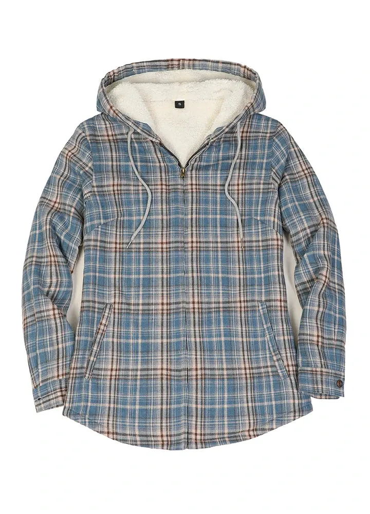 Women's Sherpa-Lined Flannel Jacket Full Zip Up Hooded Plaid Shirt