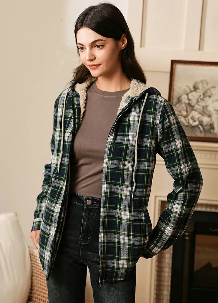 Women's Sherpa-Lined Flannel Jacket Full Zip Up Hooded Plaid Shirt