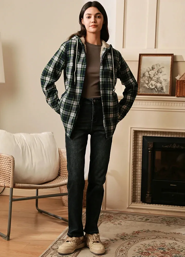 Women's Sherpa-Lined Flannel Jacket Full Zip Up Hooded Plaid Shirt