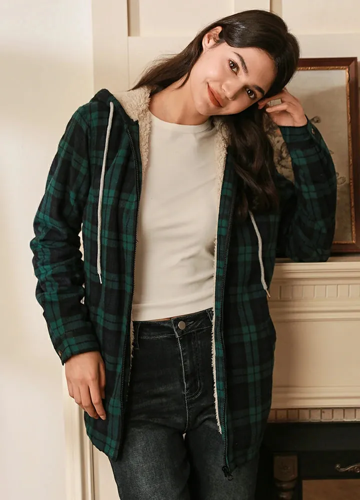 Women's Sherpa-Lined Flannel Jacket Full Zip Up Hooded Plaid Shirt