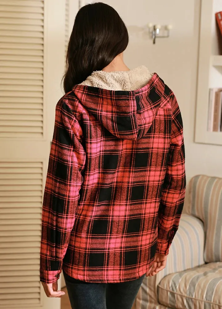 Women's Sherpa-Lined Flannel Jacket Full Zip Up Hooded Plaid Shirt