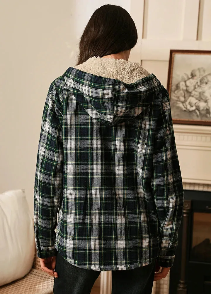 Women's Sherpa-Lined Flannel Jacket Full Zip Up Hooded Plaid Shirt