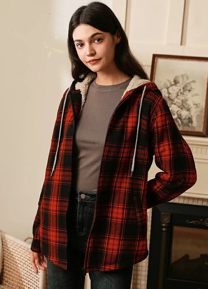 Women's Sherpa-Lined Flannel Jacket Full Zip Up Hooded Plaid Shirt