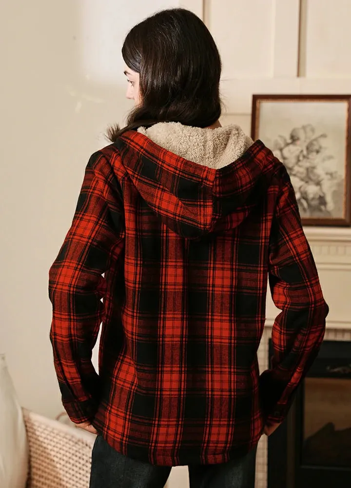 Women's Sherpa-Lined Flannel Jacket Full Zip Up Hooded Plaid Shirt