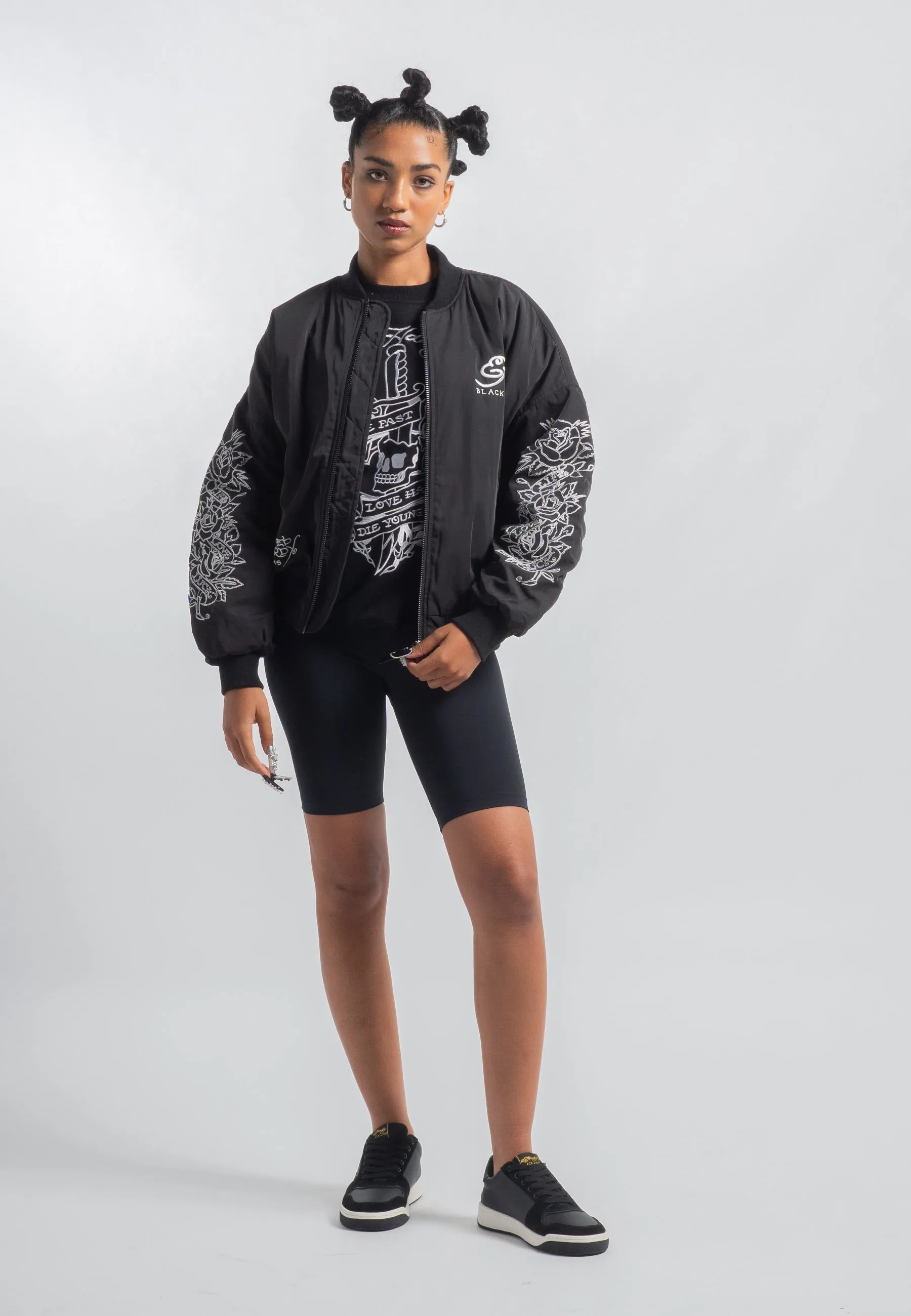 Womens Snake & Dagger Tonal Bomber Jacket - Black